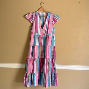 LEMLEM Jima Dress Banu Striped V-Neck Midi Summer Dress in Aqua Pink Blue